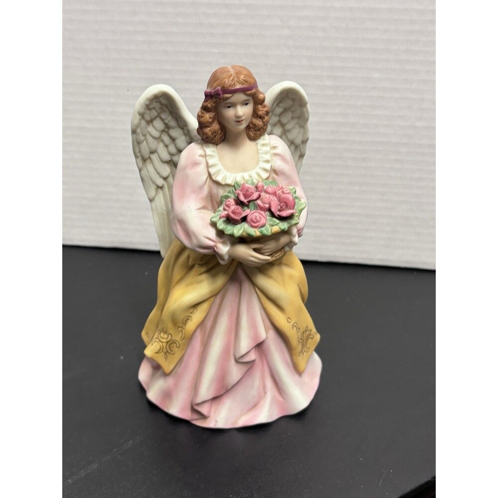 VNTG Homco Hand Painted Porcelain Angel Figurine Pink Yellow Floral Accents